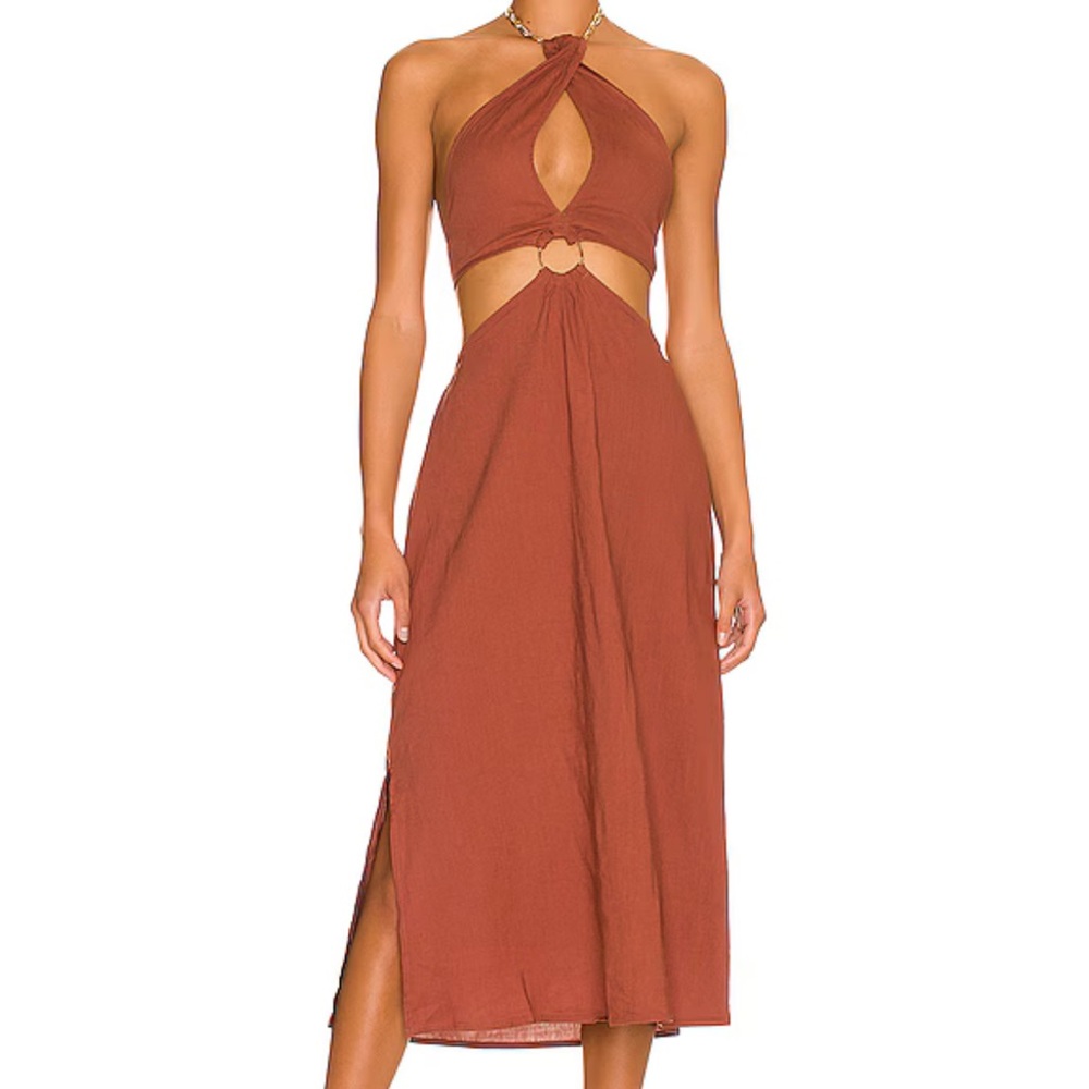 Shell chain halter midi dress in cappuccino